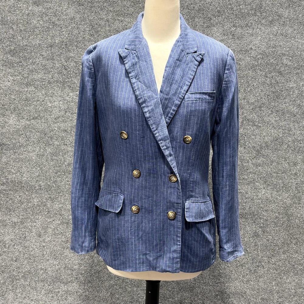 Lauren Ralph Lauren Blazer Womens 10 Blue Linen Pinstripe Double Breasted Jacket